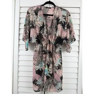 Renee C Tropical Floral Kimono Dress Women L Pink Sheer Chiffon Mini Cover‎ Up